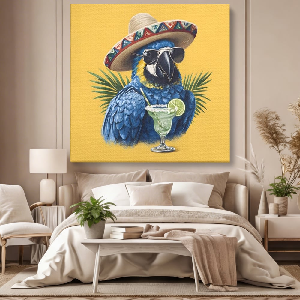 Tablou canvas cu tablou canvas cu papagal cu sombrero si cocktail, fara rama, pe sasiu de lemn, pe perete intr-un dormitor